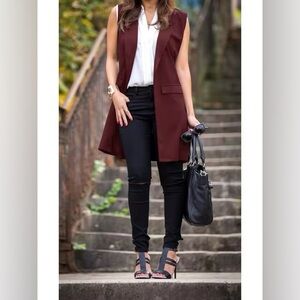Zara Sleeveless Long Blazer Vest in Deep Burgundy
